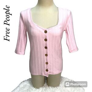 Free People Centeral Park Button Up Baby Pink Blouse Top Women's Size L